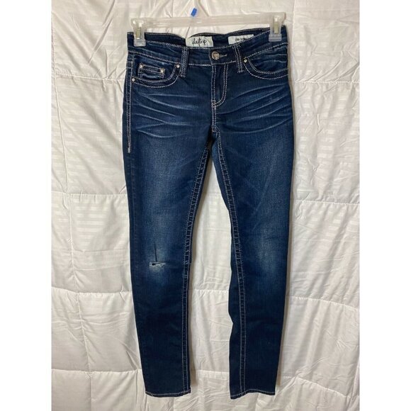 DAYTRIP WOMENS JUNIORS JEANS SIZE 25 LONG TALL DARK DENIM DISTRESSED LYNX SKINNY - Picture 1 of 3